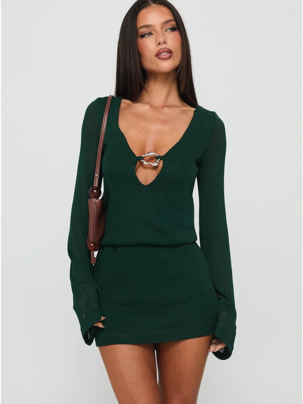 Charming Long Sleeve Deep V Mini Dress in Forest Green